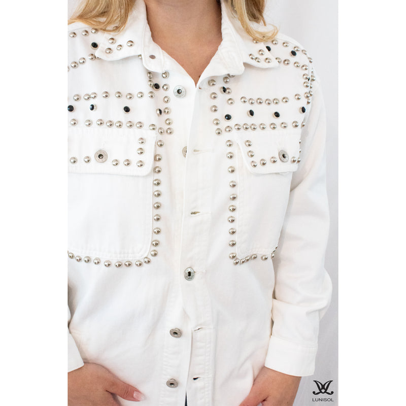 White Studded Denim Trench Coat