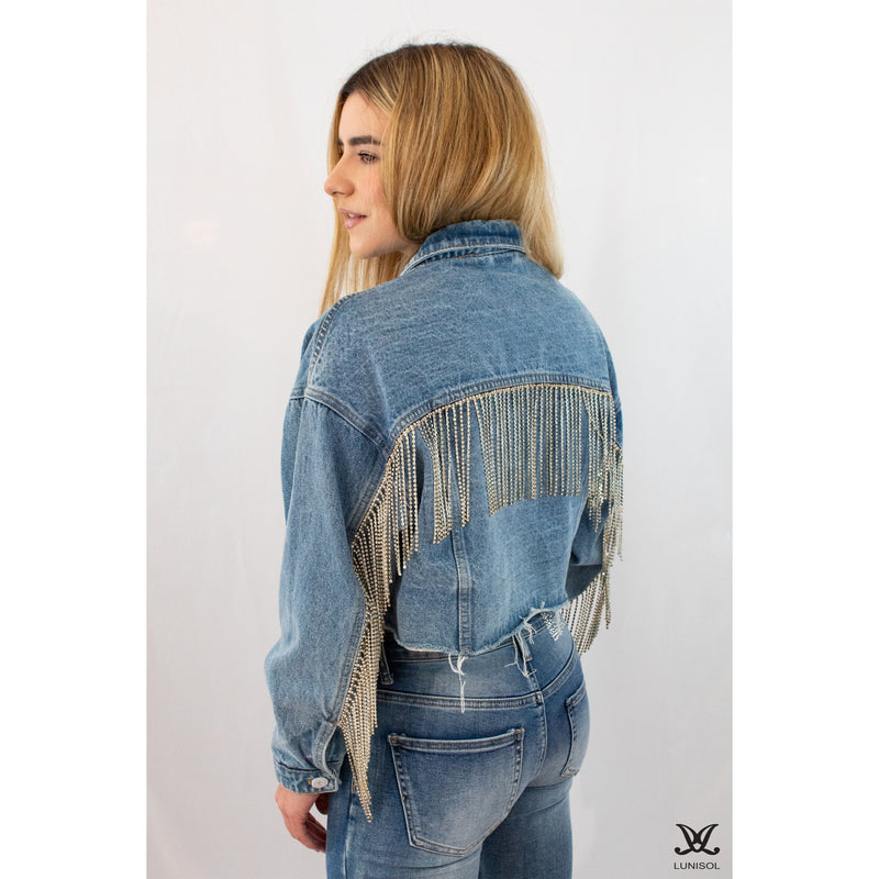 Sparkle Fringe Cropped Jean Jacket