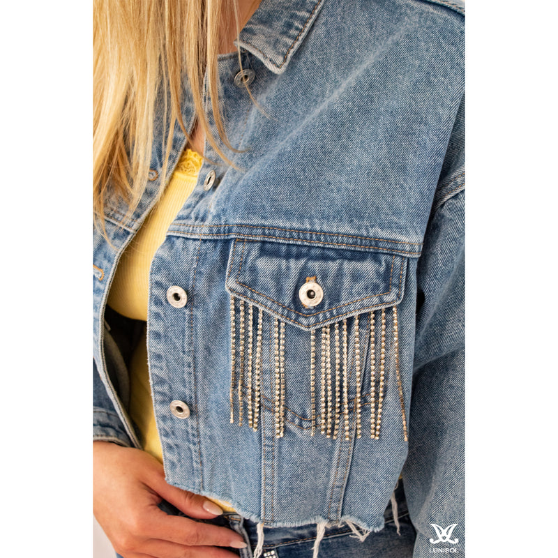 Sparkle Fringe Cropped Jean Jacket