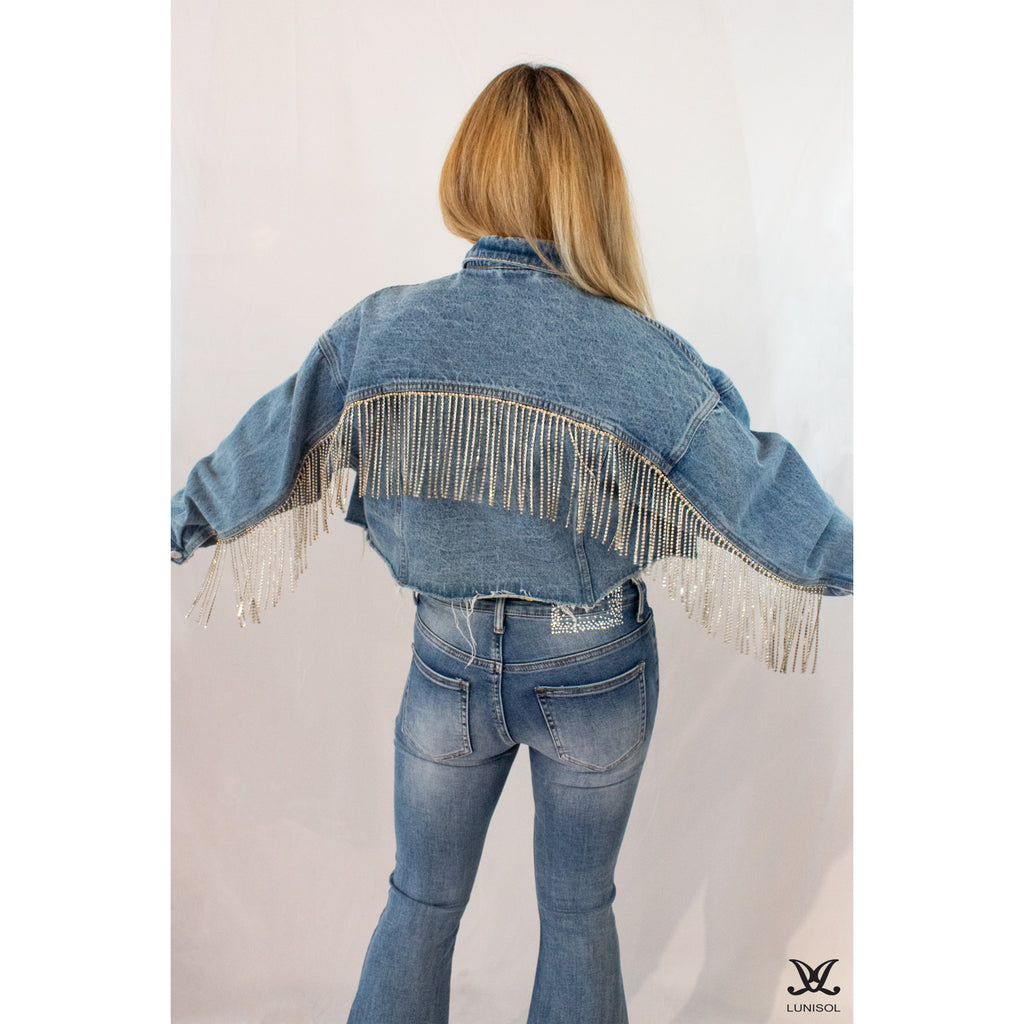 Sparkle Fringe Cropped Jean Jacket