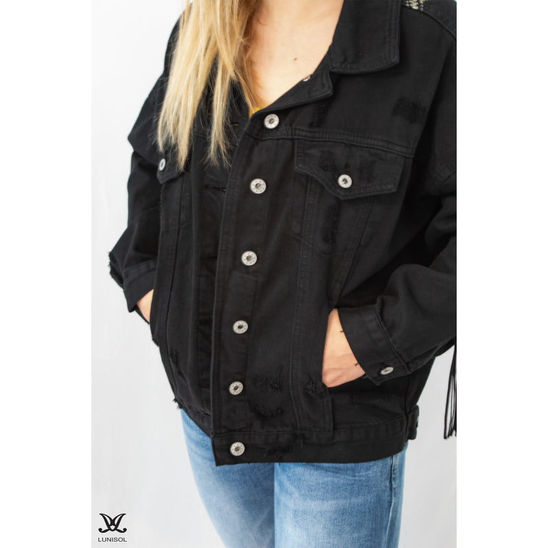 Black Fringe Oversized Jean Jacket