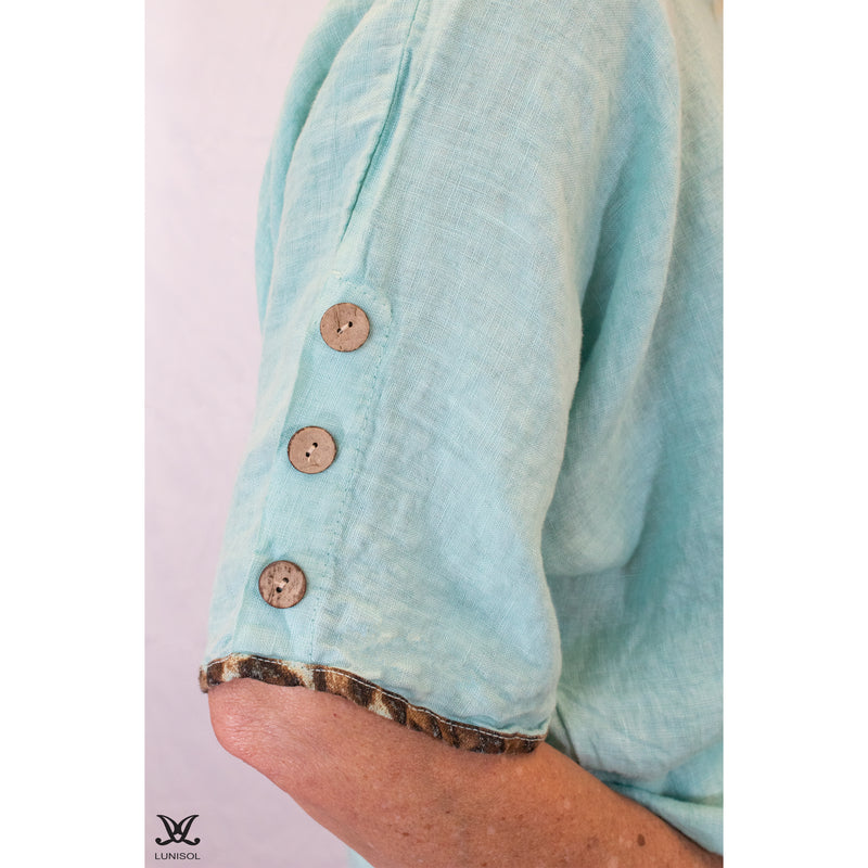 Turquoise 3 Button Leopard Print Linen Top