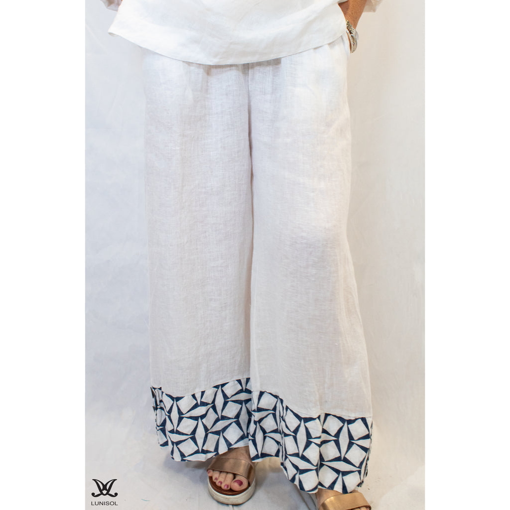 White Linen Asymmetrical Shapes 3 Button Pants