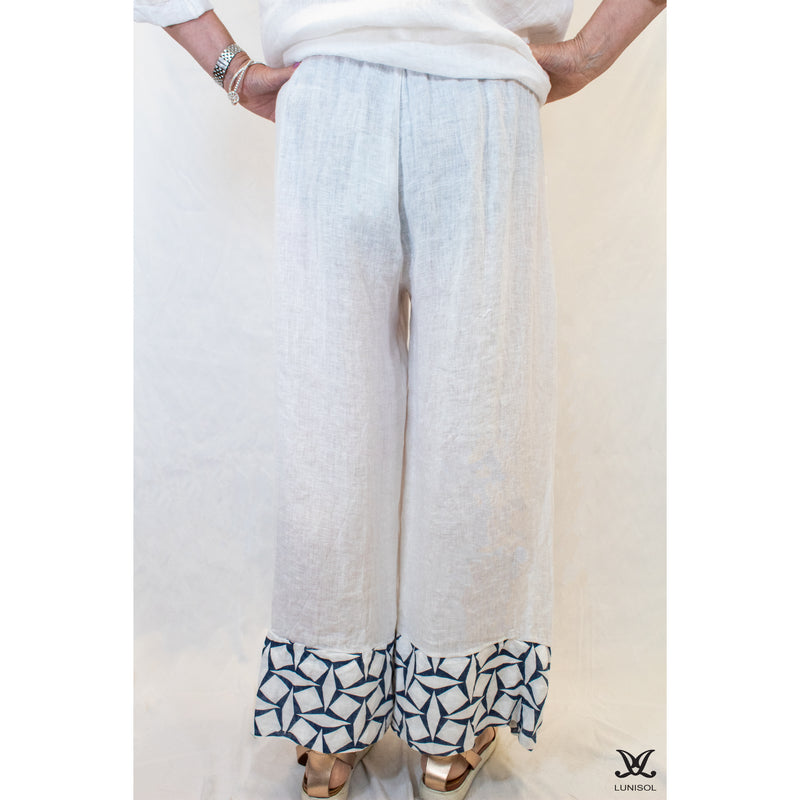 White Linen Asymmetrical Shapes 3 Button Pants