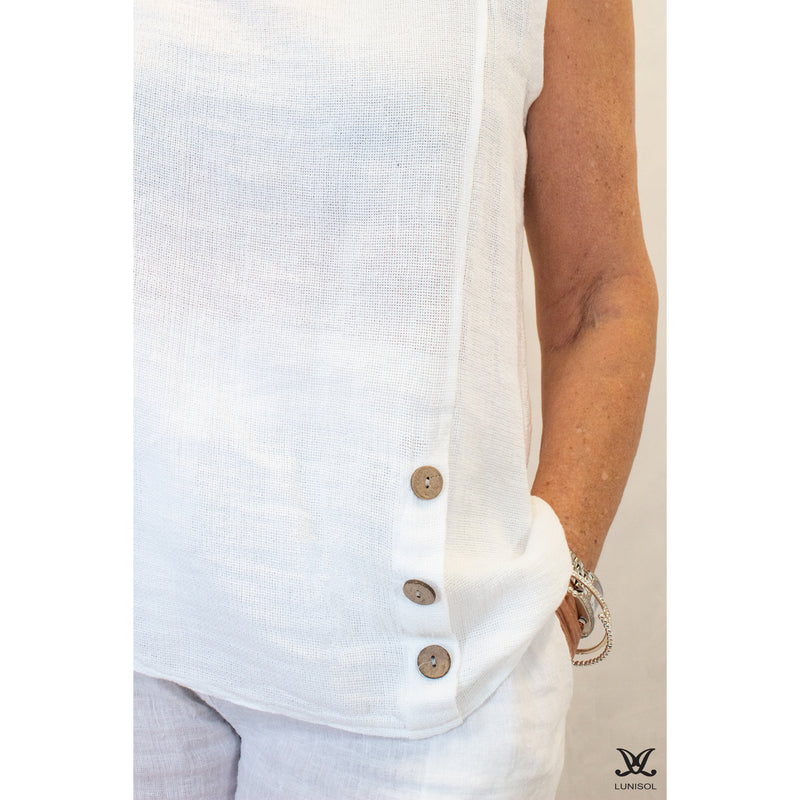 White 3 Button Sleeveless Linen Top